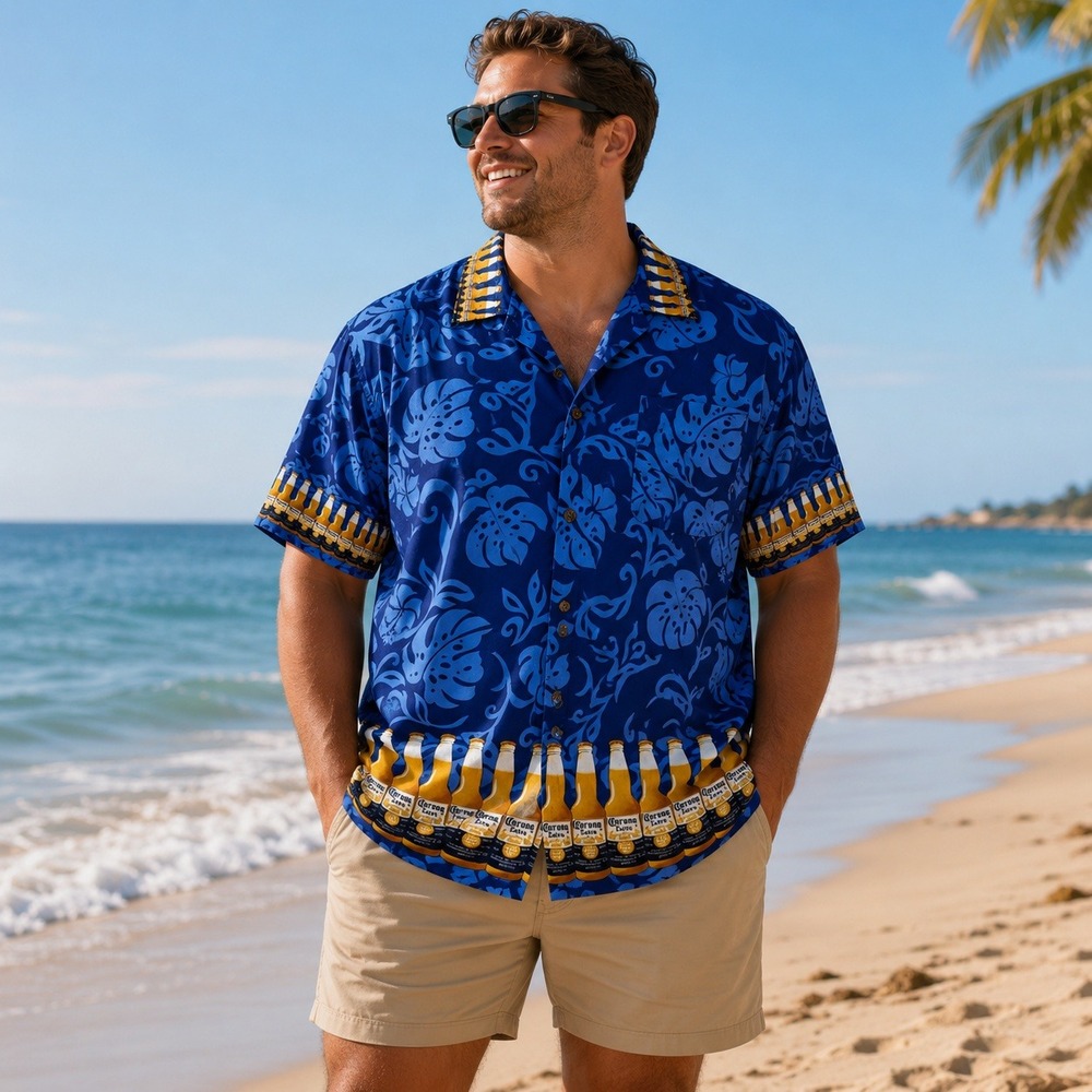 Corona Extra Mens Hawaiian Shirt Blue Tropical Beer Bottle Print XXL